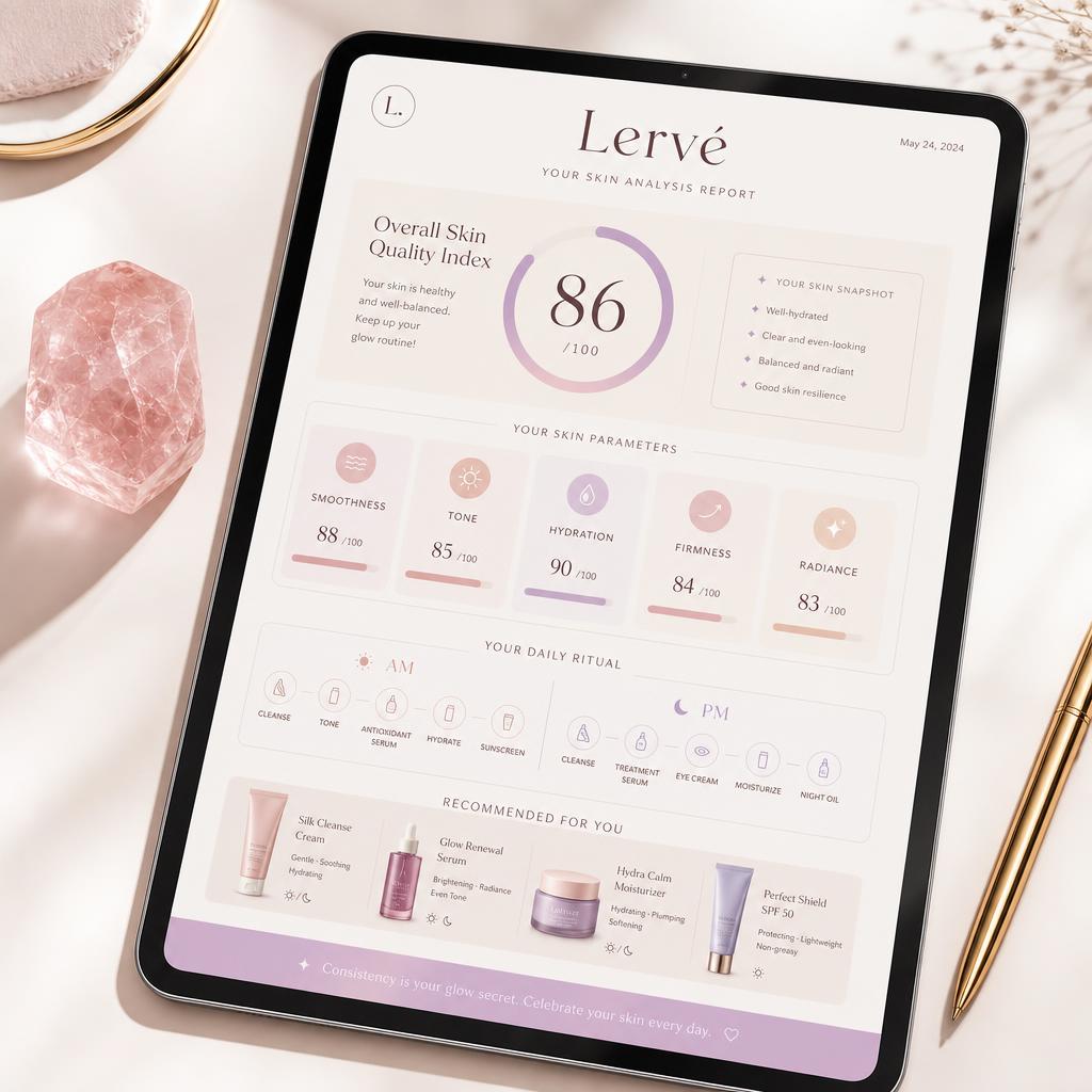 Preview of a Lervé personalised skin report showing OSQI score, parameters, and daily routine